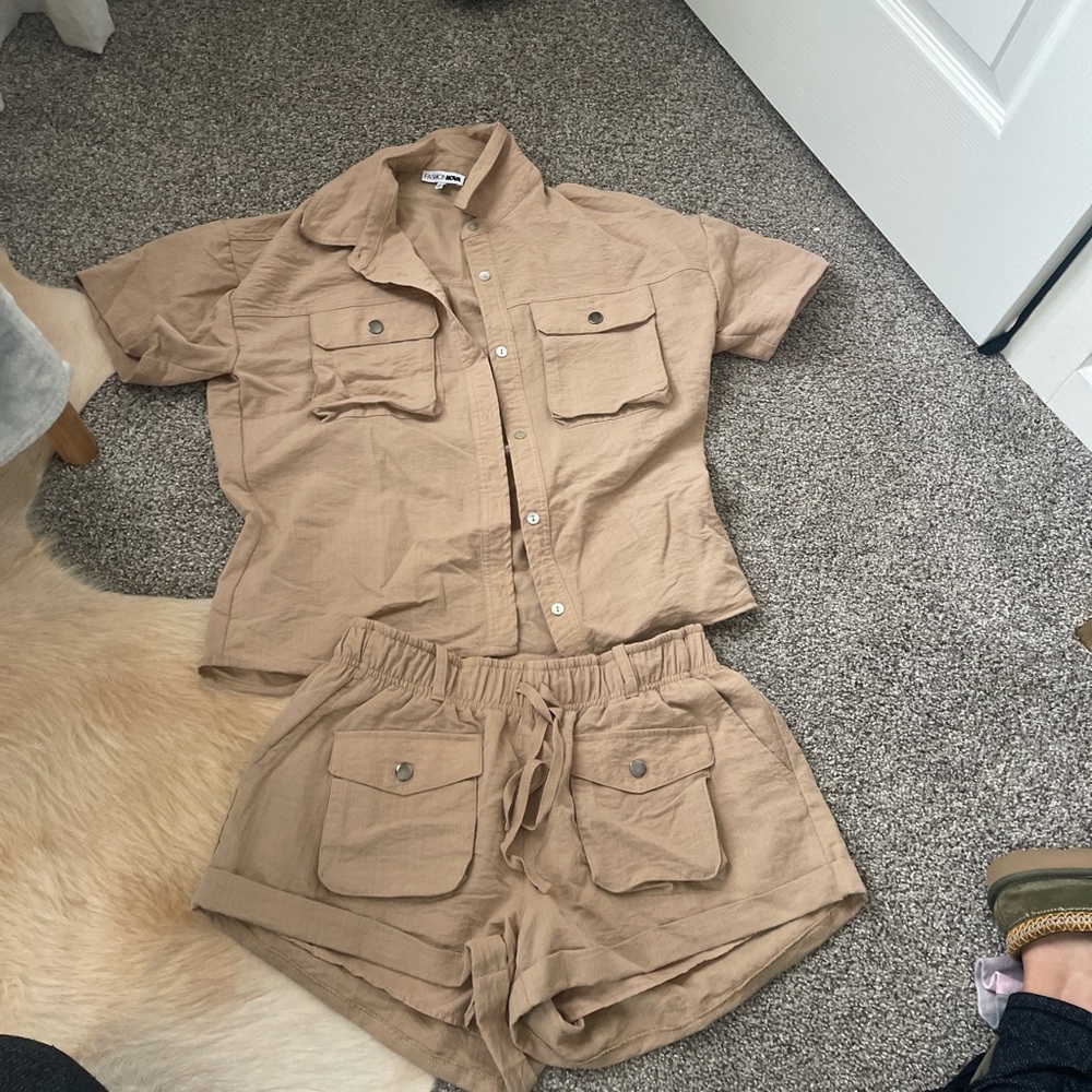 Tan Button-Up Shirt and Shorts Set